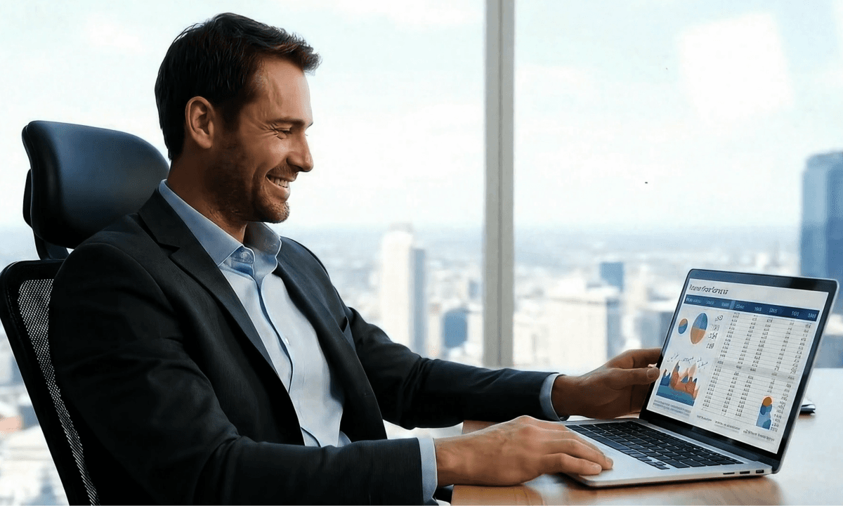 A smiling man in a suit reviewing charts and tables on a laptop in a high-rise office