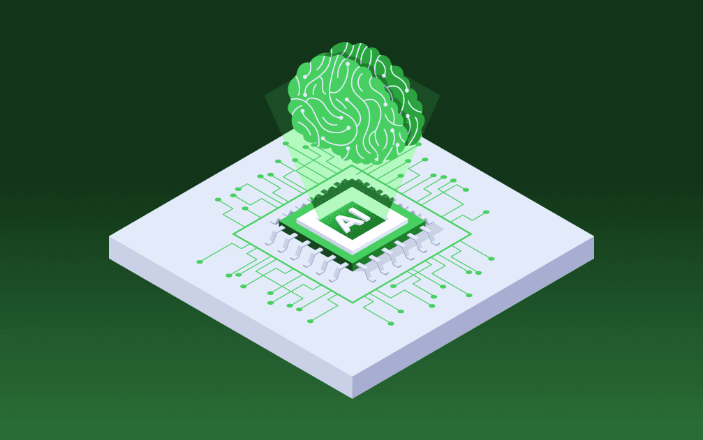 An isometric illustration of a computer chip labeled AI beneath a glowing green brain, surrounded by circuit traces