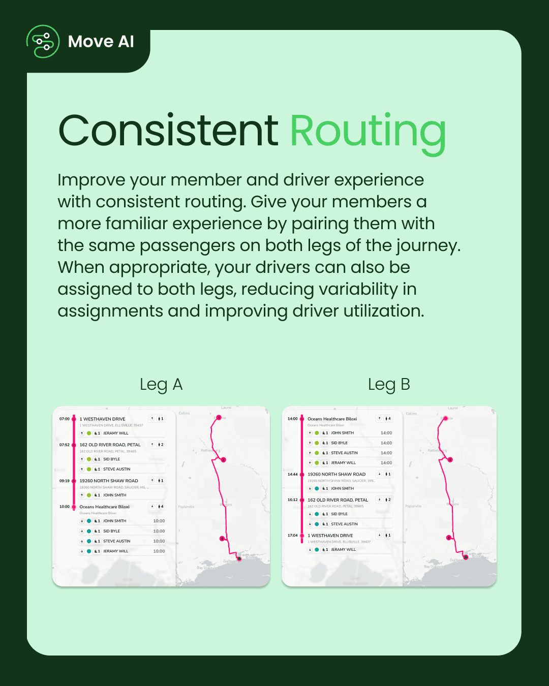 Consistent Routing: Improve your member and driver experience with consistent routing. Give your members a more familiar experience by pairing them with the same passengers on both legs of the journey. When appropriate, your drivers can also be assigned to both legs, reducing variability in assignments and improving driver utilization.