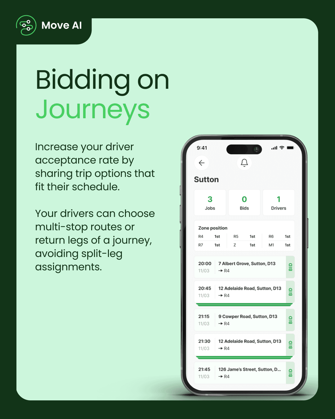 Bidding on Journeys: Increase your driver acceptance rate by sharing trip options that fit their schedule. Your drivers can choose multi-stop routes or return legs of a journey, avoiding split-leg assignments.