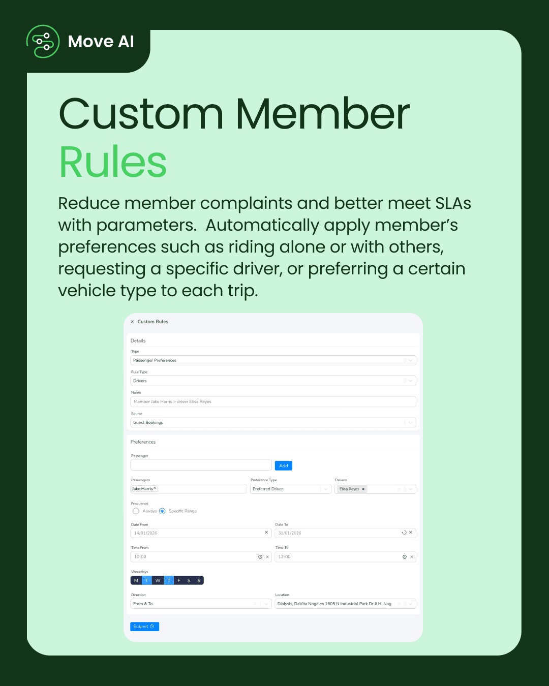 Custom Member Rules: Reduce member complaints and better meet SLAs with parameters. Automatically apply member’s preferences such as riding alone or with others, requesting a specific driver, or preferring a certain vehicle type to each trip.