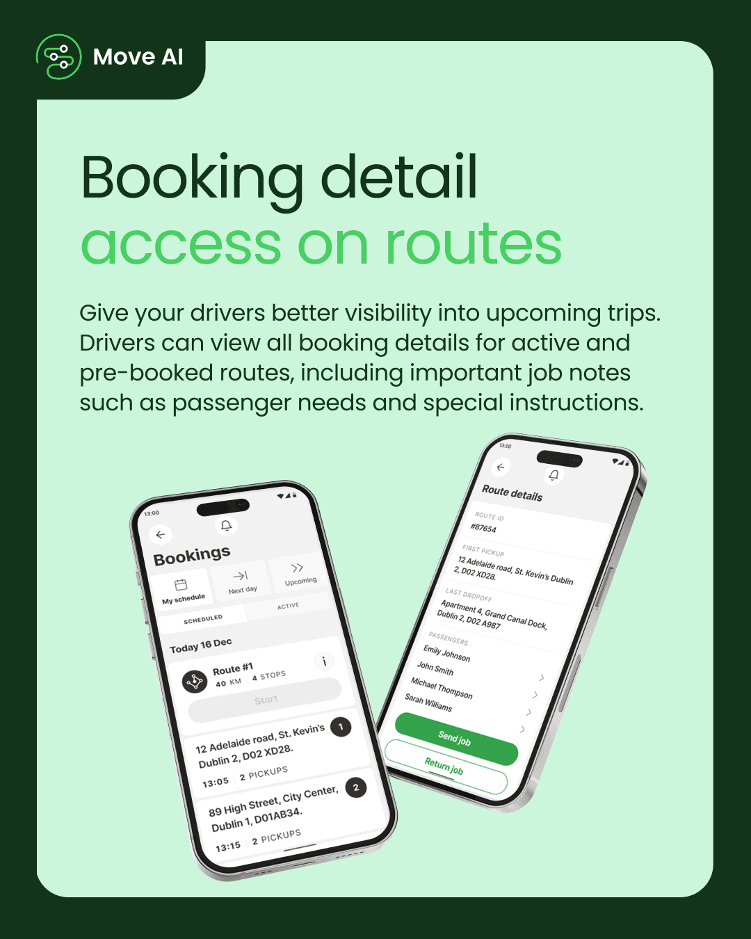 Booking detail access on routes: Give your drivers better visibility into upcoming trips. Drivers can view all booking details for active and pre-booked routes, including important job notes such as passenger needs and special instructions.