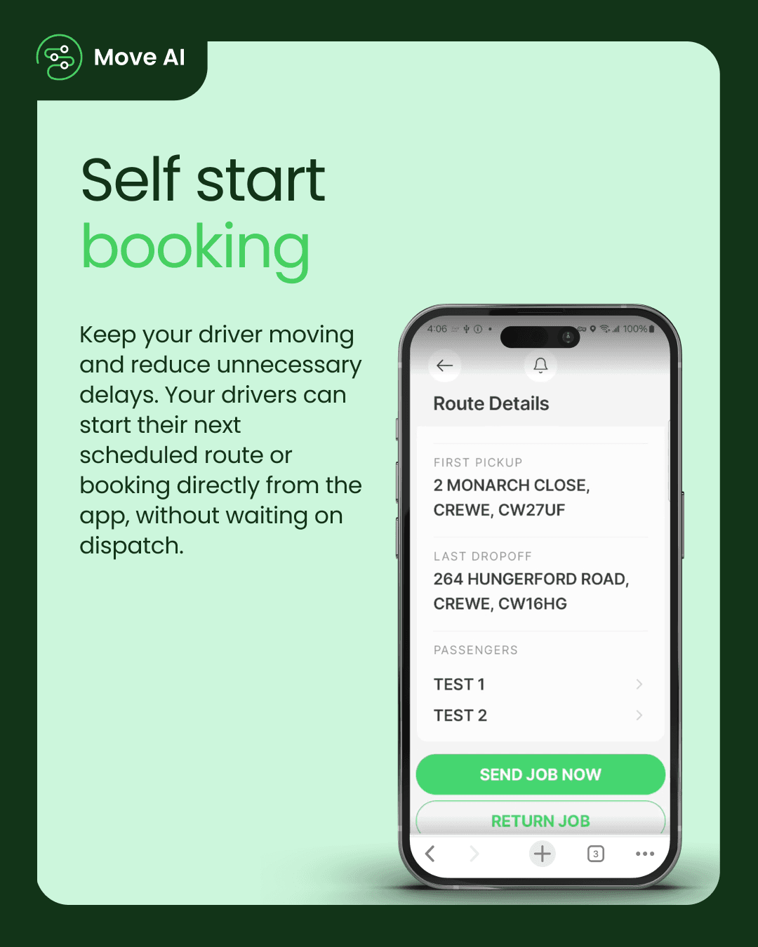 Self start booking: Keep your driver moving and reduce unnecessary delays. Your drivers can start their next scheduled route or booking directly from the app, without waiting on dispatch.