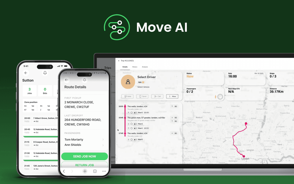 The Move AI logo above a laptop showing trip details on a route map and phones showing the Move AI driver app