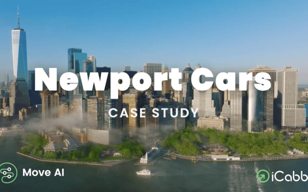 Newport Cars case study title over the New York City skyline, with the Move AI and iCabbi logos