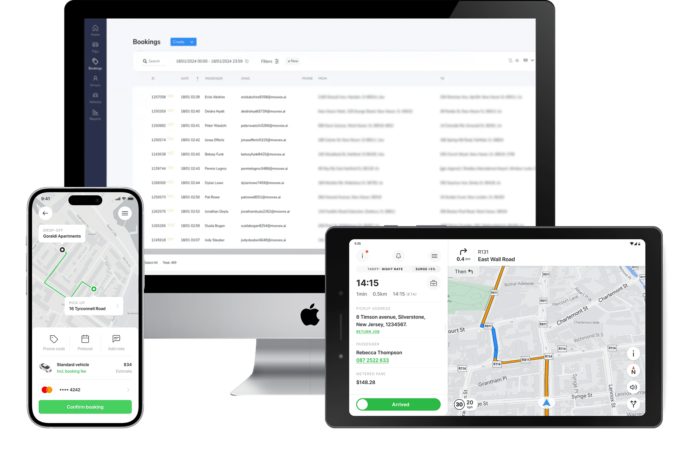 The Move AI platform shown across desktop dispatch, mobile booking, and tablet driver views