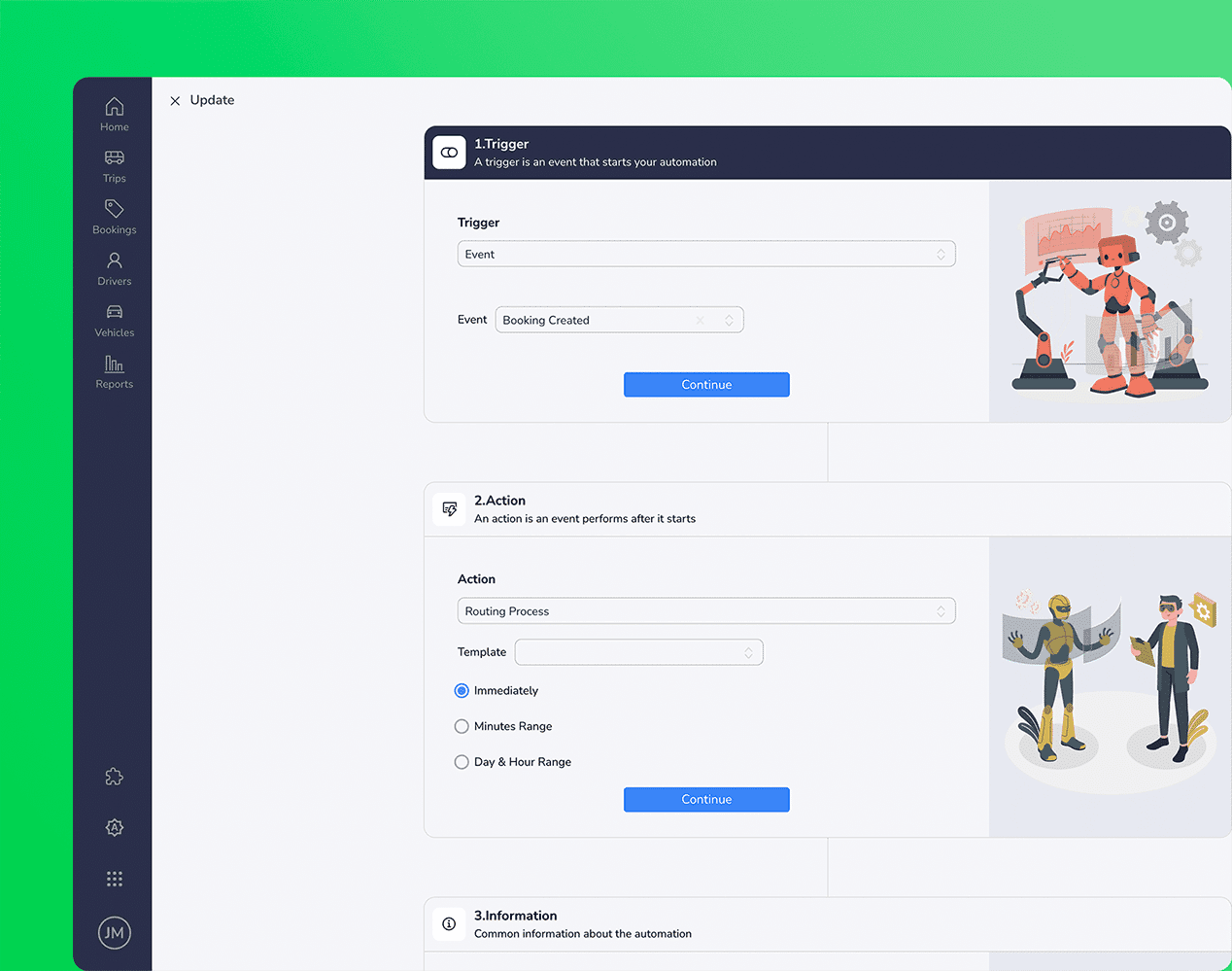 Move AI automation builder showing a trigger and action configured to launch a routing process automatically