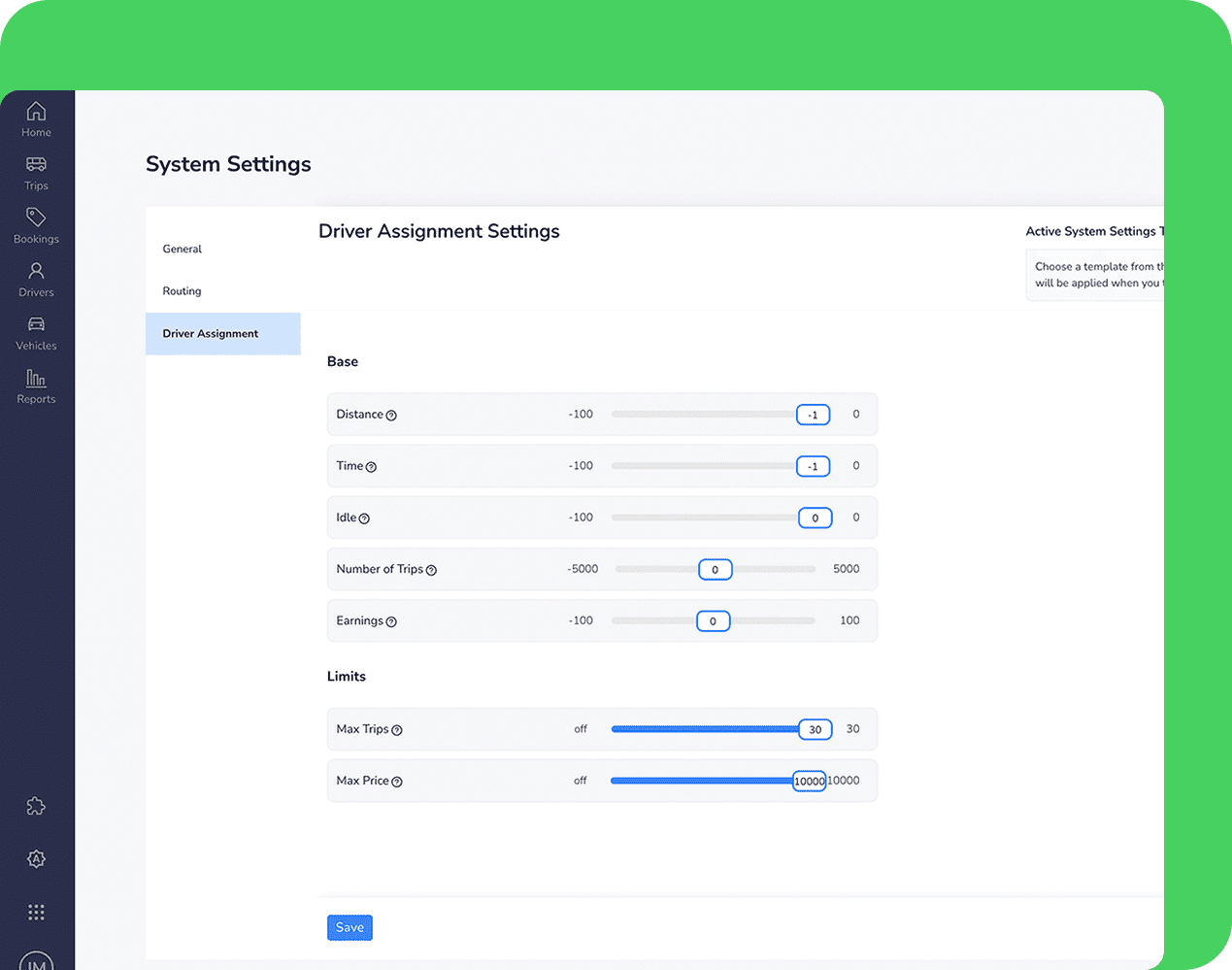 Move AI driver assignment settings showing distance, time, idle, and earnings-based scoring rules