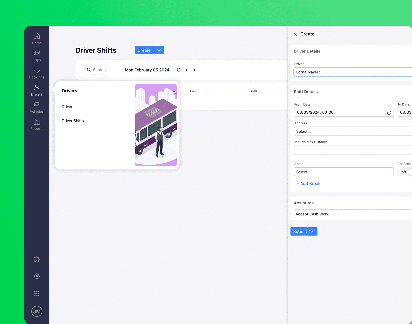 Move AI driver shift scheduling showing shift times, service areas, and driver assignment