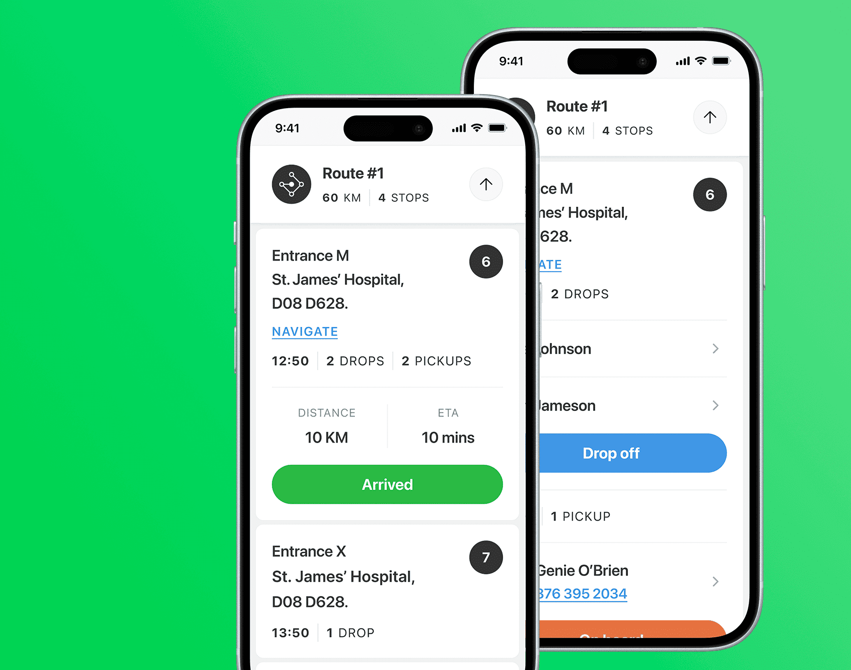 The Move AI driver app showing a route manifest with stops, distance, ETA, and an Arrived button