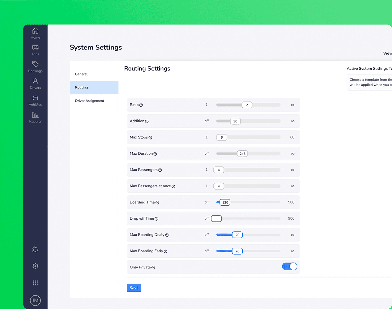 Move AI routing settings showing stop limits, passenger capacity, and boarding time controls