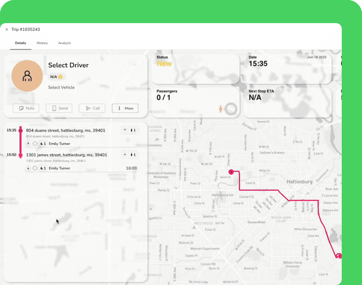 Move AI trip details panel showing a live route map, stop times, and next-stop ETA